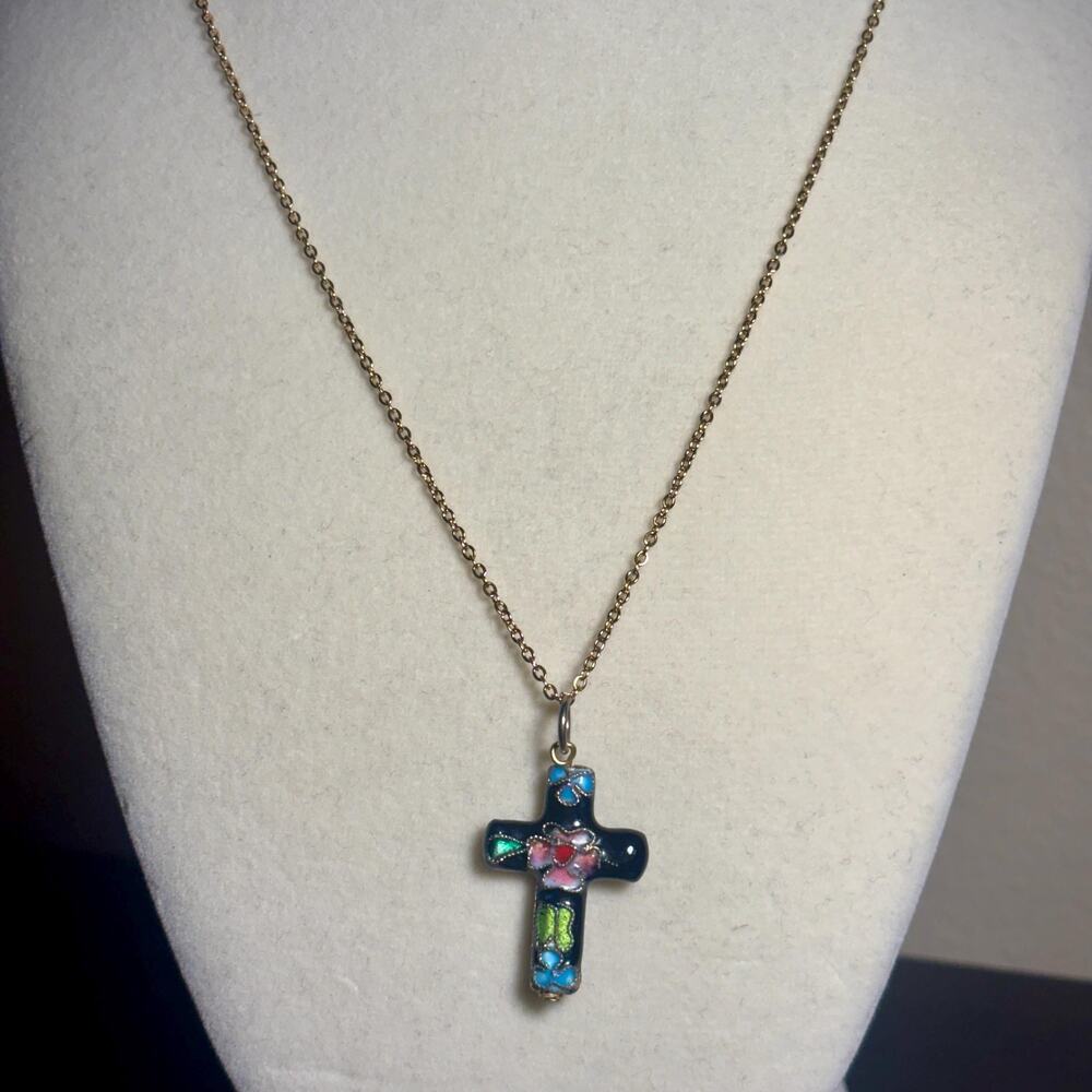 Floral Cloisonne Cross Necklace Colorful Pendant Gold Tone Chain Jewelry Gift